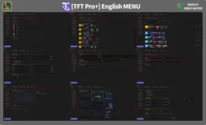 Montage of dark UI panels with red highlights labeled TFT Pro+ English MENU across the top, showing multiple software screens.