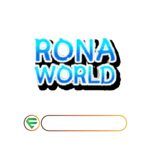 RONA WORLD logo in blue gradient with black shadow; rounded search bar with orange border and a small green circular icon on the left.
